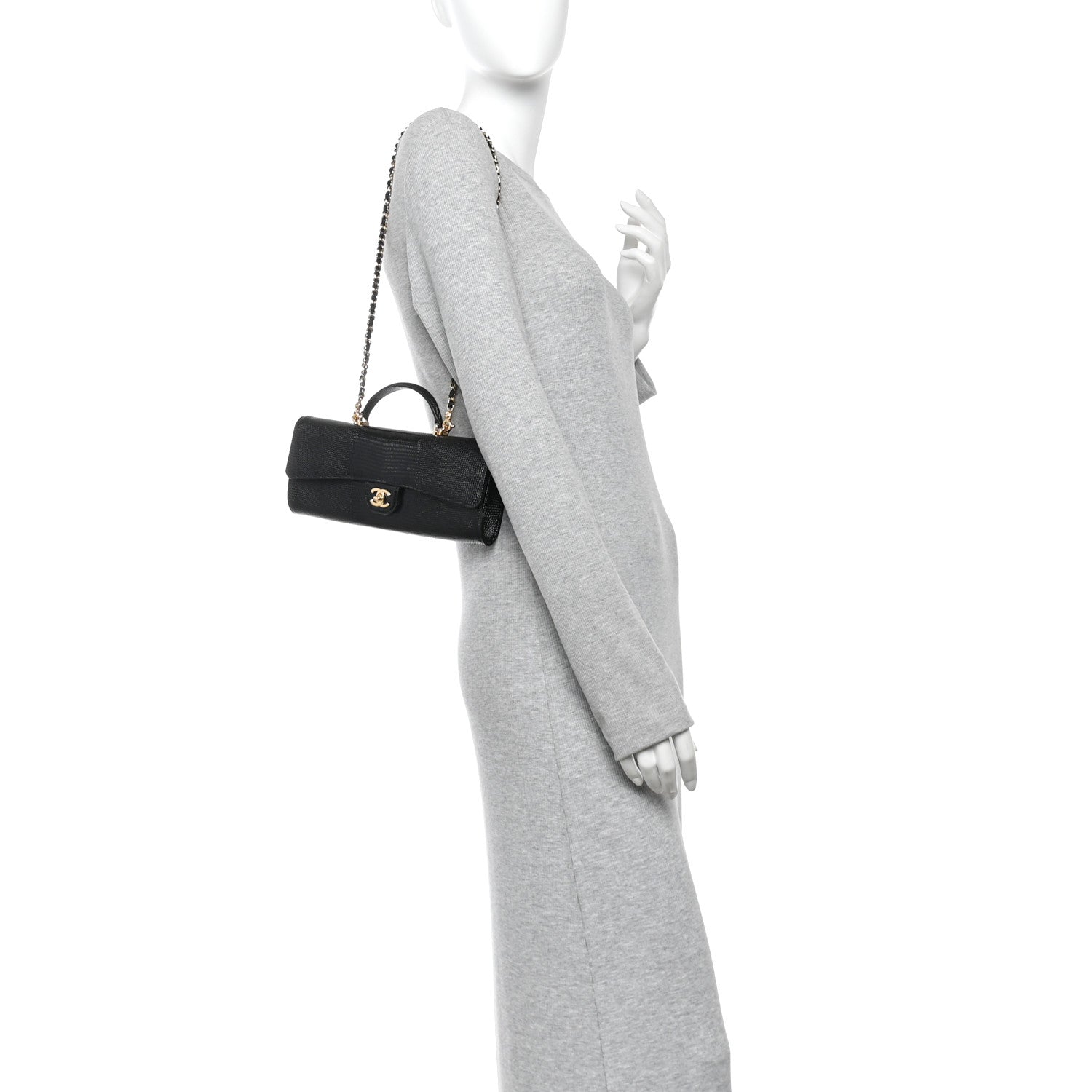 Chanel Calfskin Lizard Embossed Top Handle Clutch With Chain Black 2 of 12