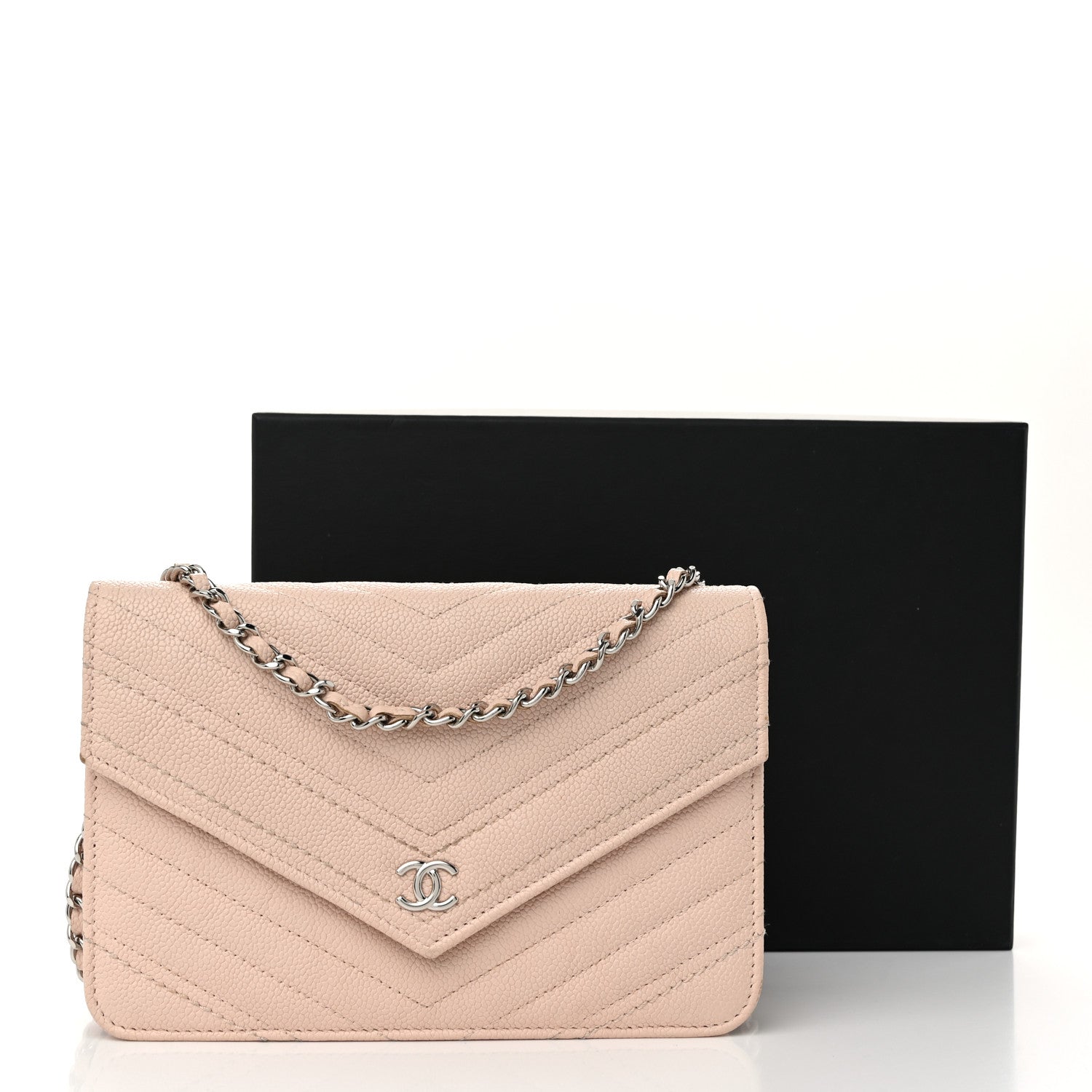 Chanel Caviar Chevron Quilted Statement Wallet On Chain WOC Light Beige 13 of 13