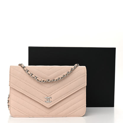 Chanel Caviar Chevron Quilted Statement Wallet On Chain WOC Light Beige 13 of 13