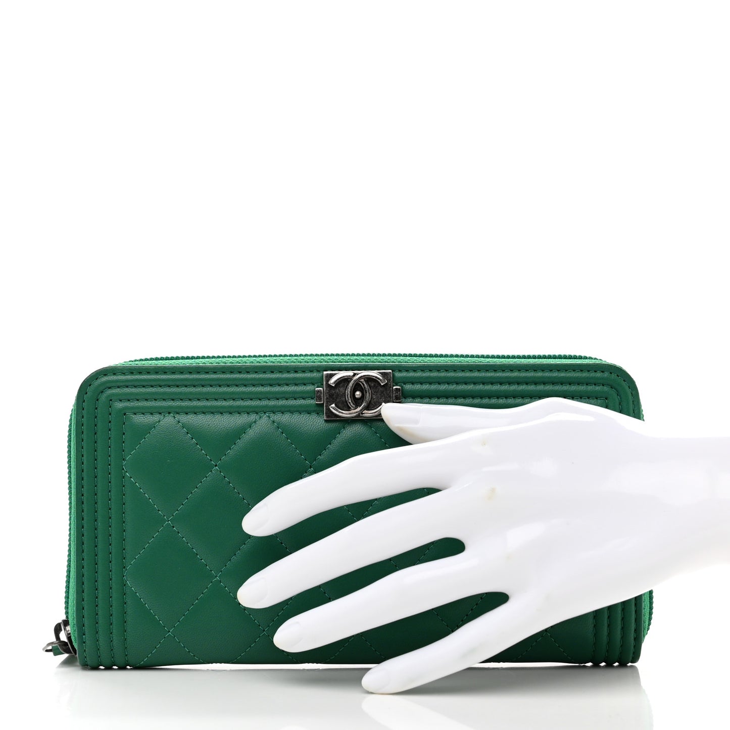 Lambskin Quilted Boy Zip Wallet Green