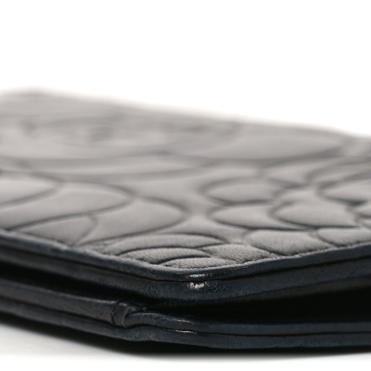 Lambskin Camellia Embossed Yen Wallet Black