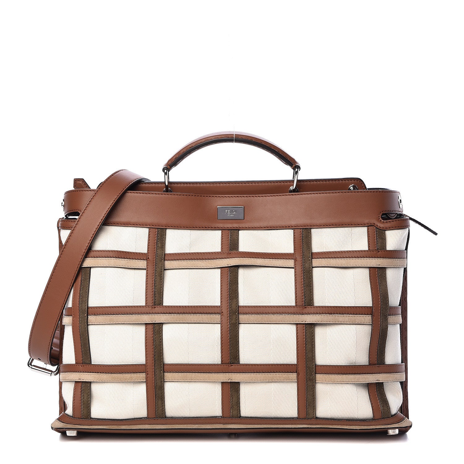 Fendi Canvas Calfskin Suede Large Peekaboo Iconic Essential Satchel Brown 1 of 14