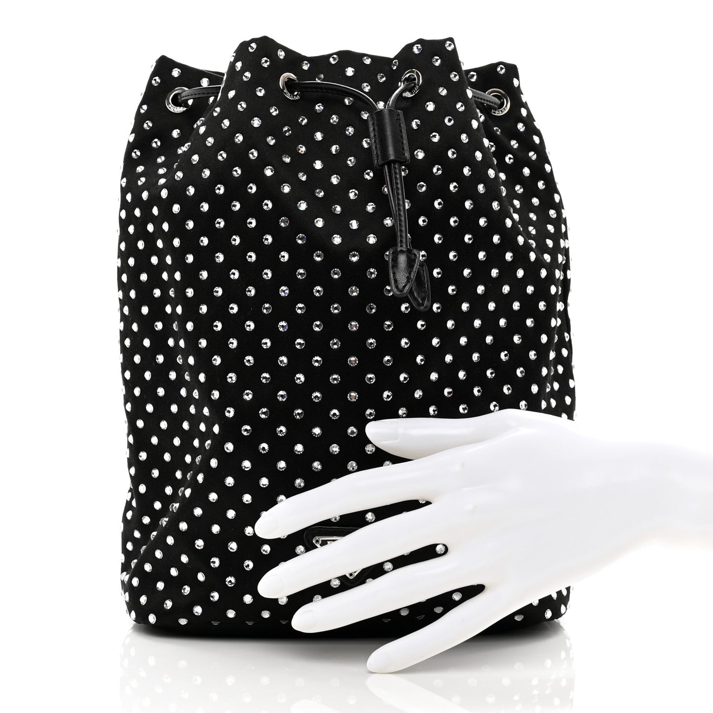 Satin Crystal Metal Triangle Logo Drawstring Pouch Cristal