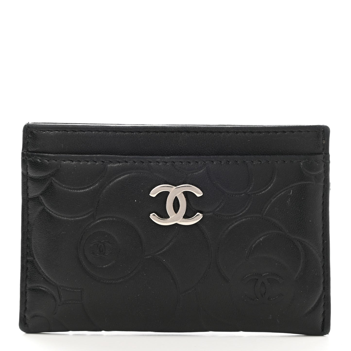 Lambskin Camellia Embossed Card Holder Black