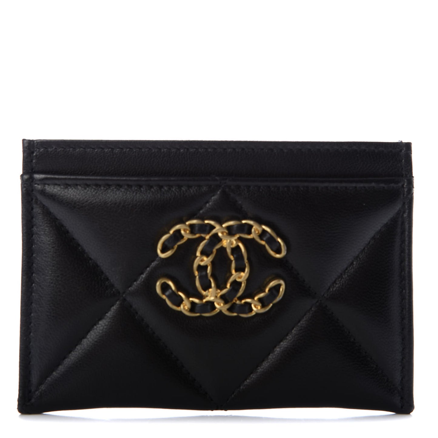 Shiny Goatskin Quilted Chanel 19 Card Holder Black
