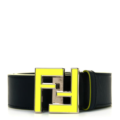 Fendi Vitello Century Elite Enamel FF Buckle Belt 105 42 Black Giallo Fluo 1 of 5