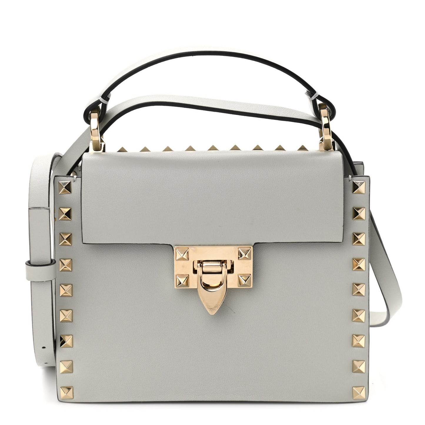 Calfskin Rockstud Overlay Flap Top Handle Bag Light Grey