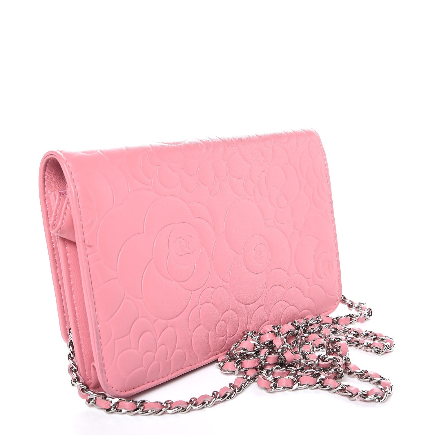 Chanel Lambskin Camellia Embossed Wallet On Chain WOC Pink 3 of 9