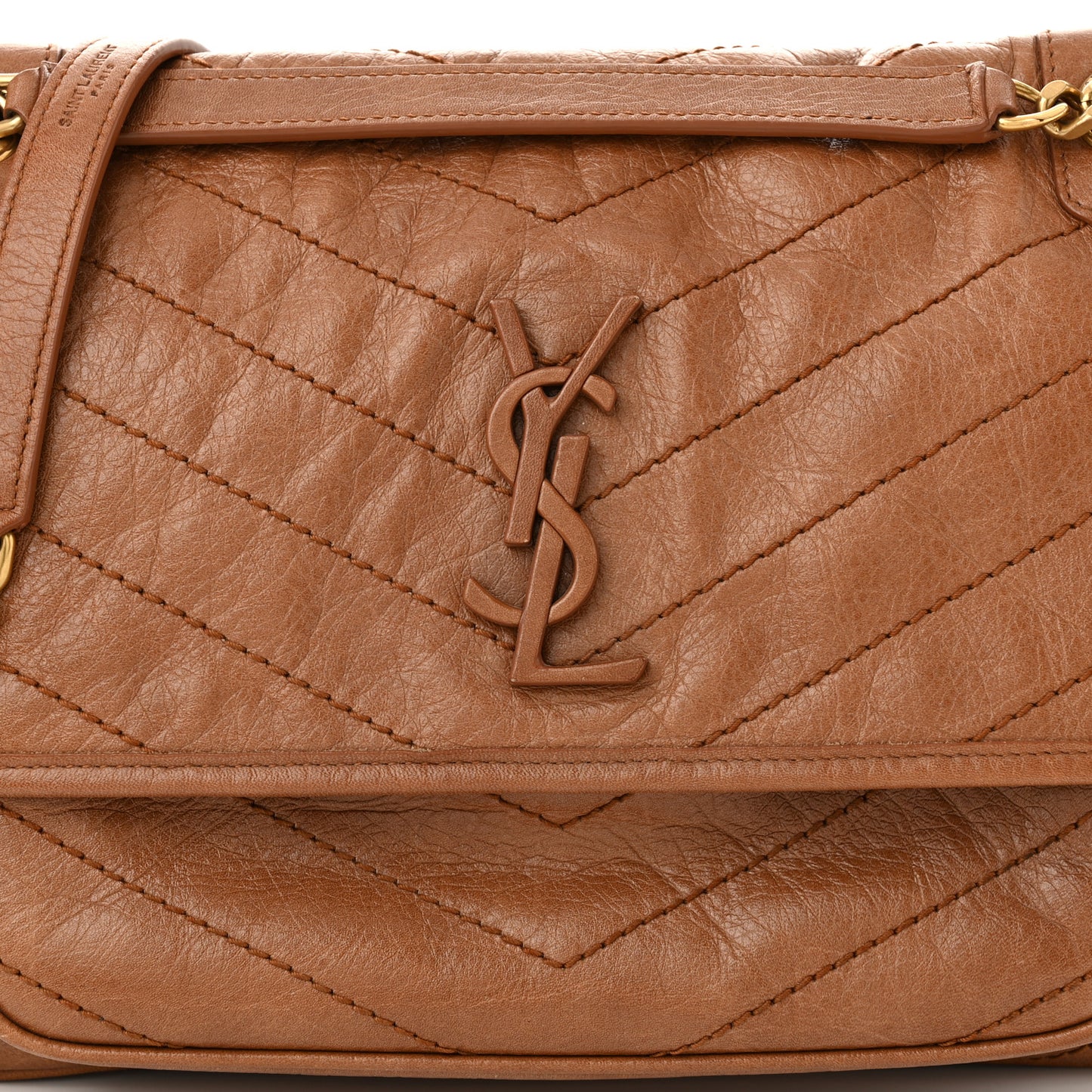 Crinkled Calfskin Matelasse Monogram Medium Niki Chain Satchel Caramel