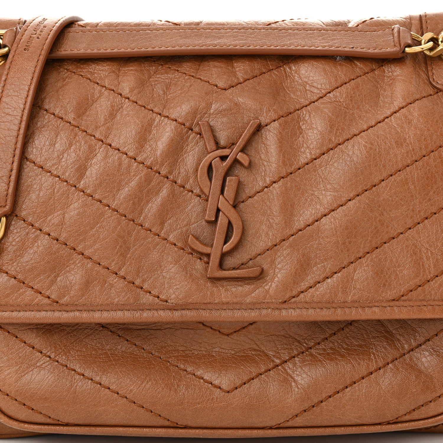 Saint Laurent Crinkled Calfskin Matelasse Monogram Medium Niki Chain Satchel Caramel 7 of 9