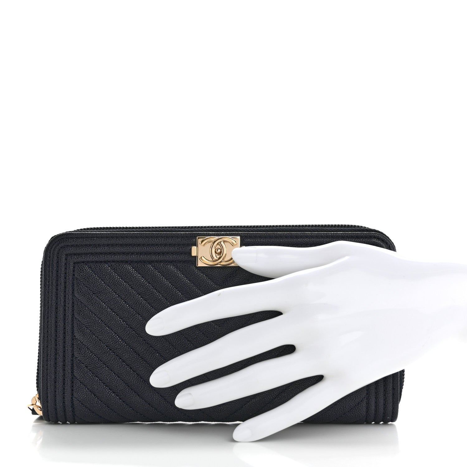 Chanel Caviar Chevron Quilted Zip Around Boy Wallet Navy 2 of 8