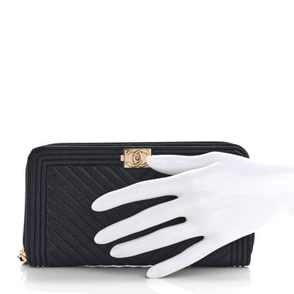 Chanel Caviar Chevron Quilted Zip Around Boy Wallet Navy 2 of 8