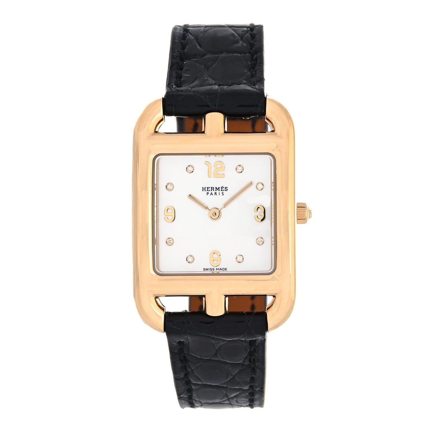 Hermes 18K Yellow Gold Alligator Diamond Mother of Pearl 23mm Cape Cod Quartz Watch Noir 1 of 5