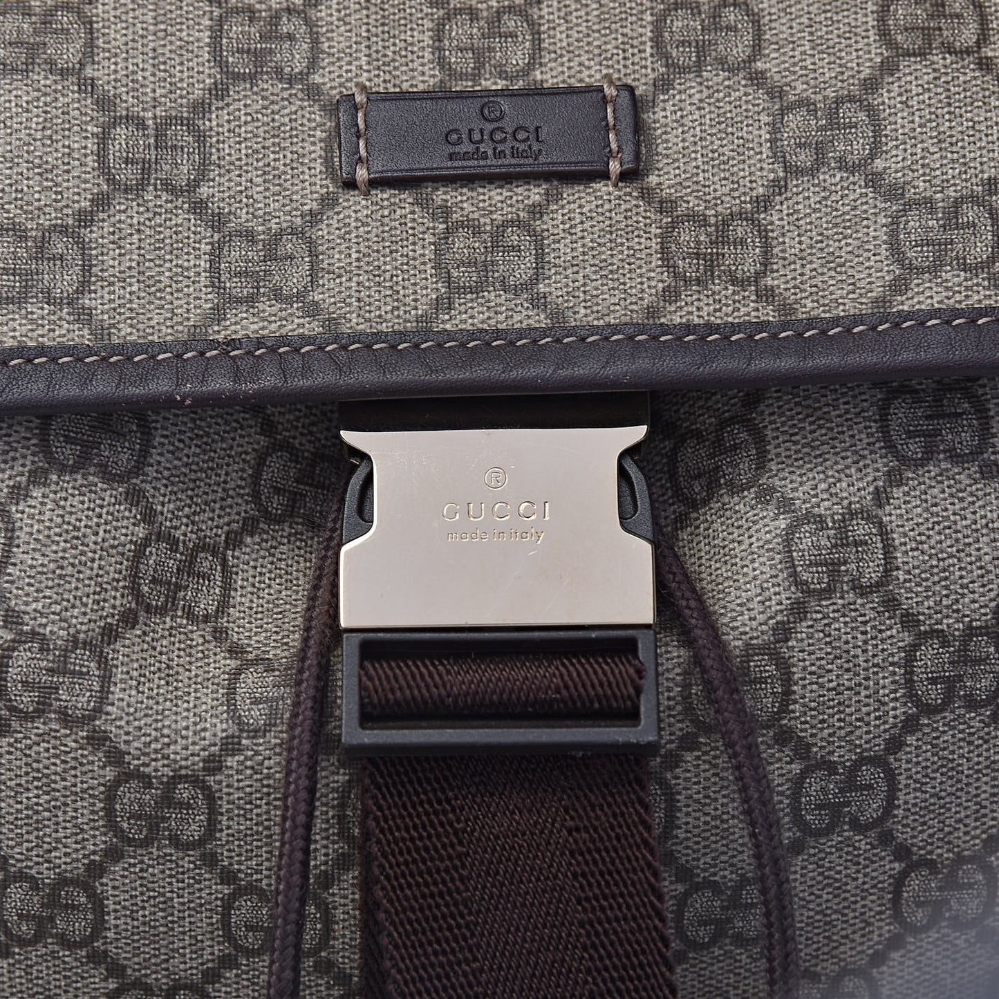 GG Supreme Monogram Medium Single Buckle Rucksack Backpack Beige Ebony Brown