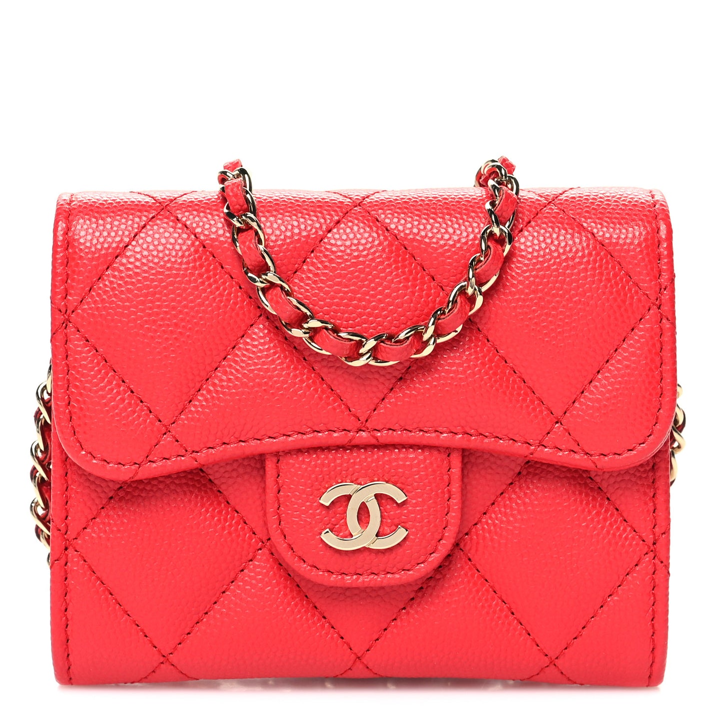 Caviar Quilted Flap Card Holder On Chain Red