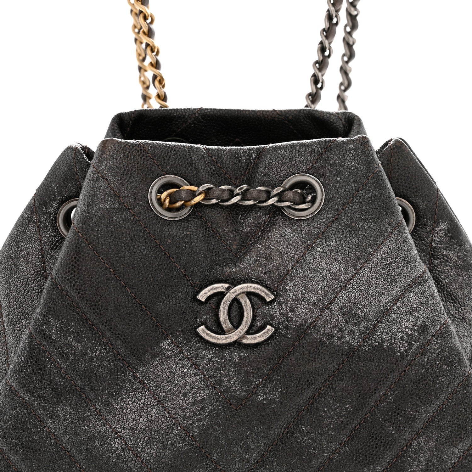 Chanel Metallic Grained Goatskin Chevron Quilted Gabrielle Backpack Dark Silver Gold 7 of 9