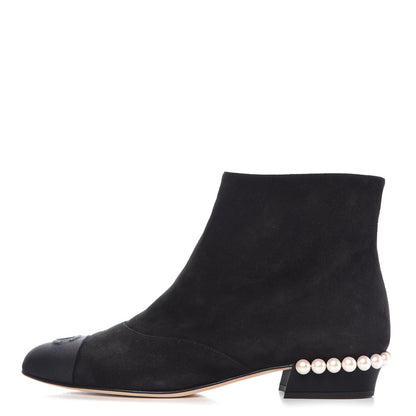 Chanel Suede Calfskin Pearl Cap Toe Short Boots 38 Black 1 of 9
