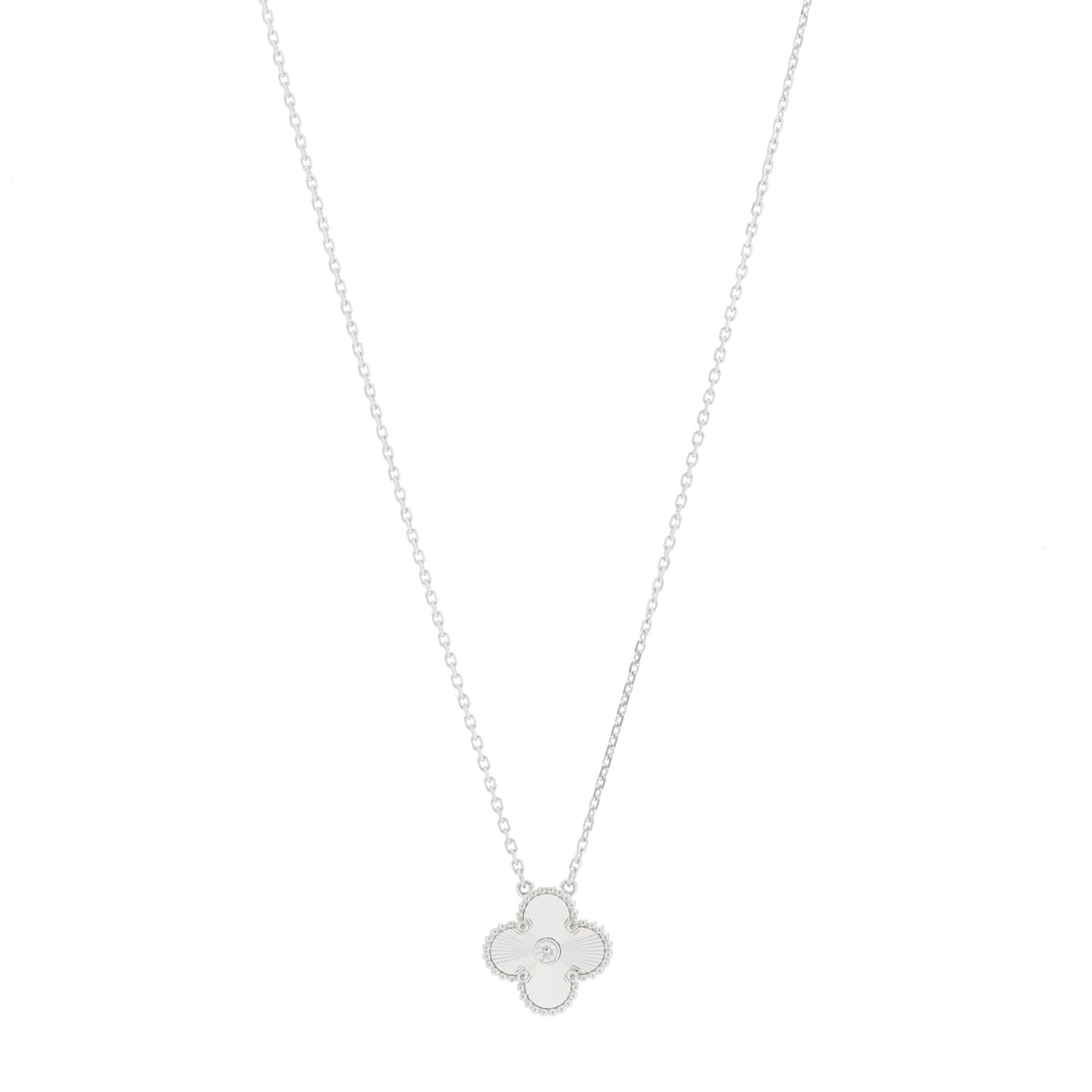 18K White Gold Diamond Guilloche Vintage Alhambra Pendant Necklace