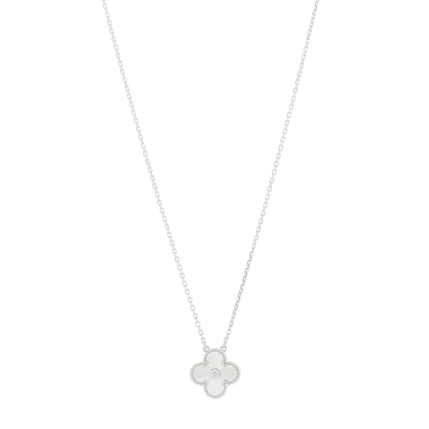 Van Cleef & Arpels 18K White Gold Diamond Guilloche Vintage Alhambra Pendant Necklace 1 of 4