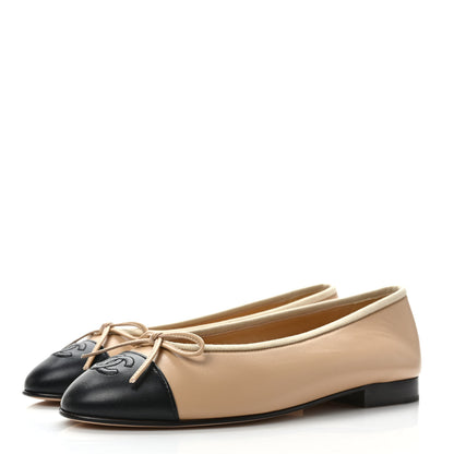Chanel Lambskin Cap Toe CC Ballerina Flats 37 Beige Black 3 of 9