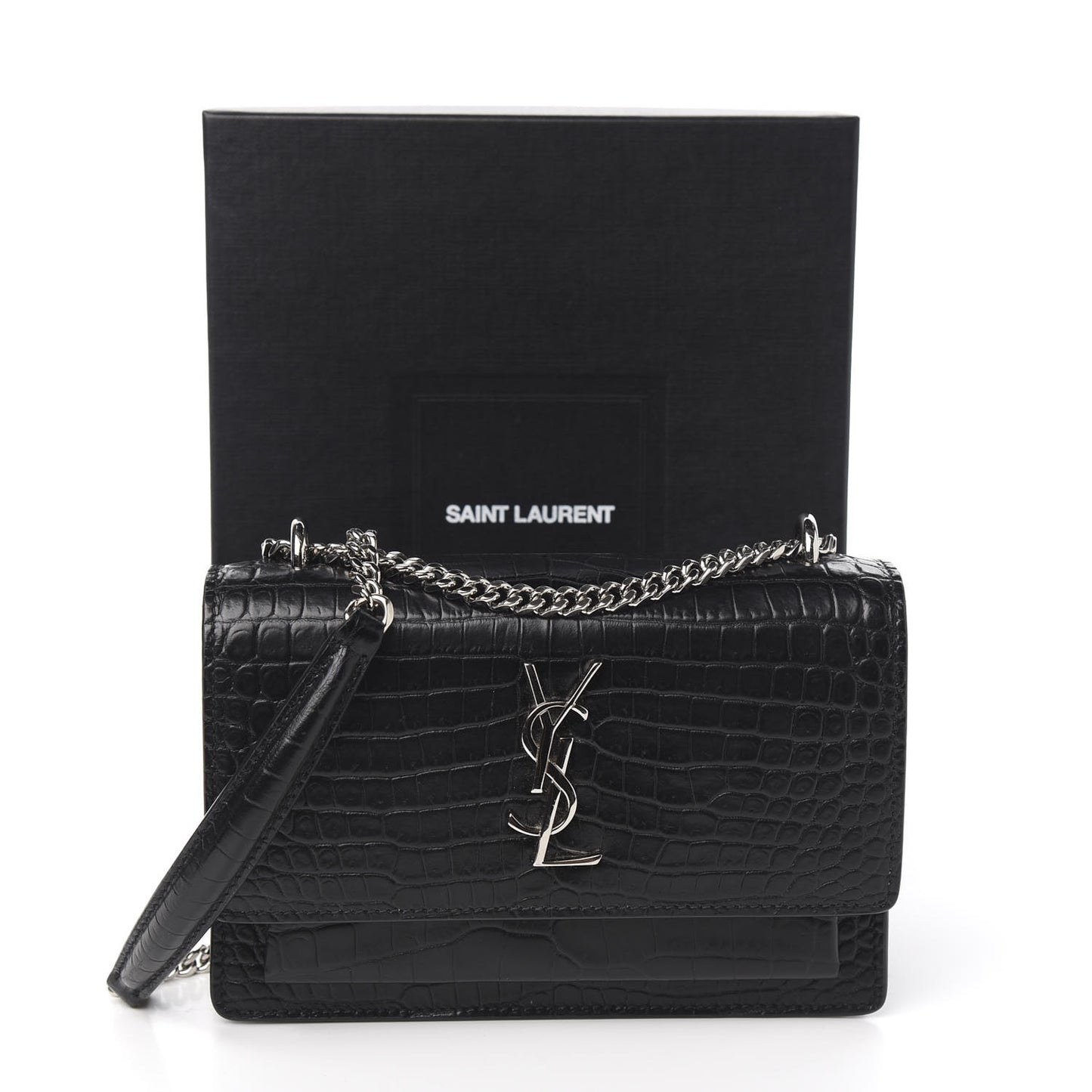 Calfskin Crocodile Embossed Monogram Sunset Chain Wallet Black