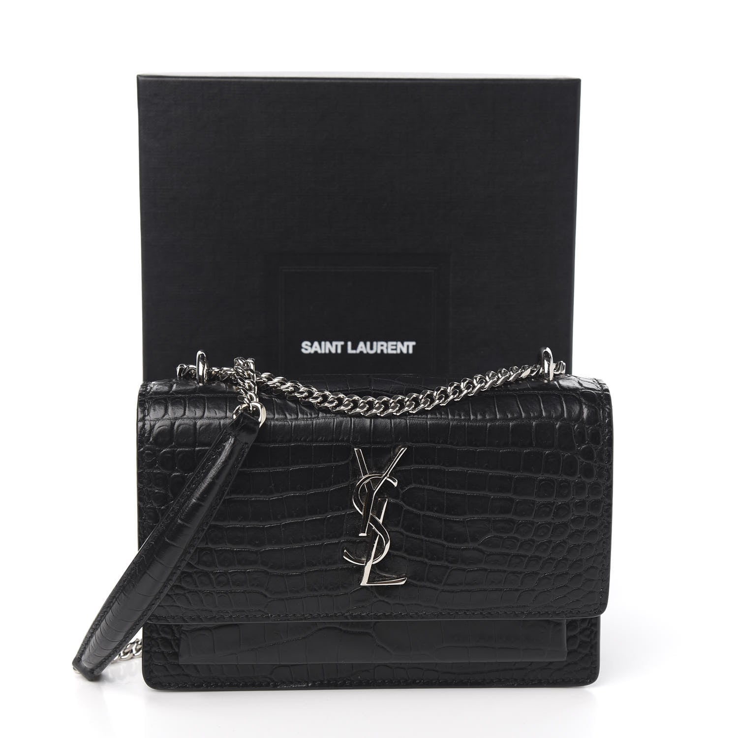 Saint Laurent Calfskin Crocodile Embossed Monogram Sunset Chain Wallet Black 8 of 8