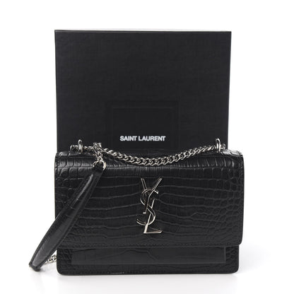 Saint Laurent Calfskin Crocodile Embossed Monogram Sunset Chain Wallet Black 8 of 8