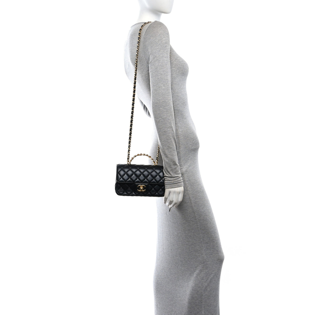 Lambskin Quilted Mini Chain Top Handle Rectangular Flap Black
