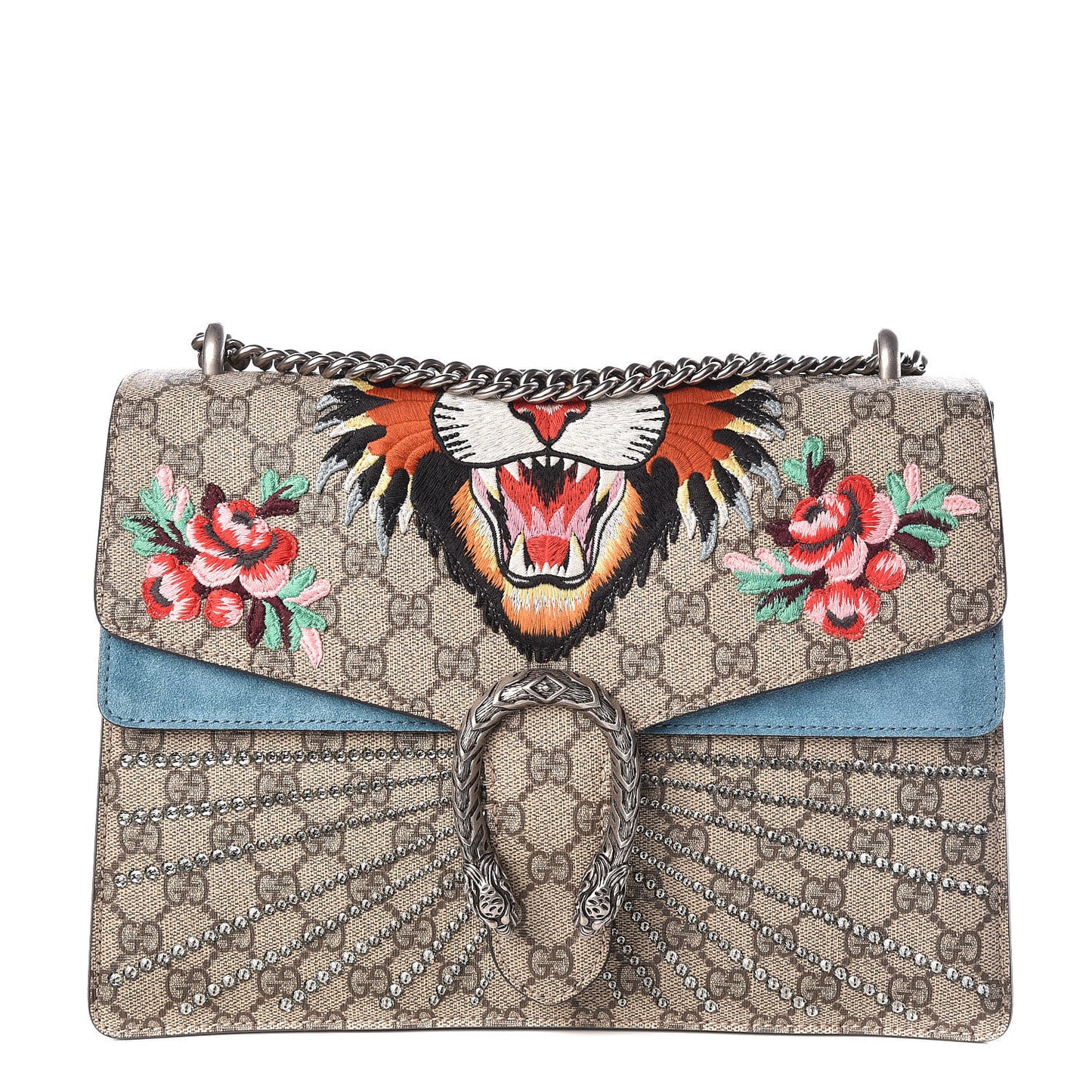 GG Supreme Monogram Angry Cat Embroidered Medium Dionysus Shoulder Bag Beige Ultramarine