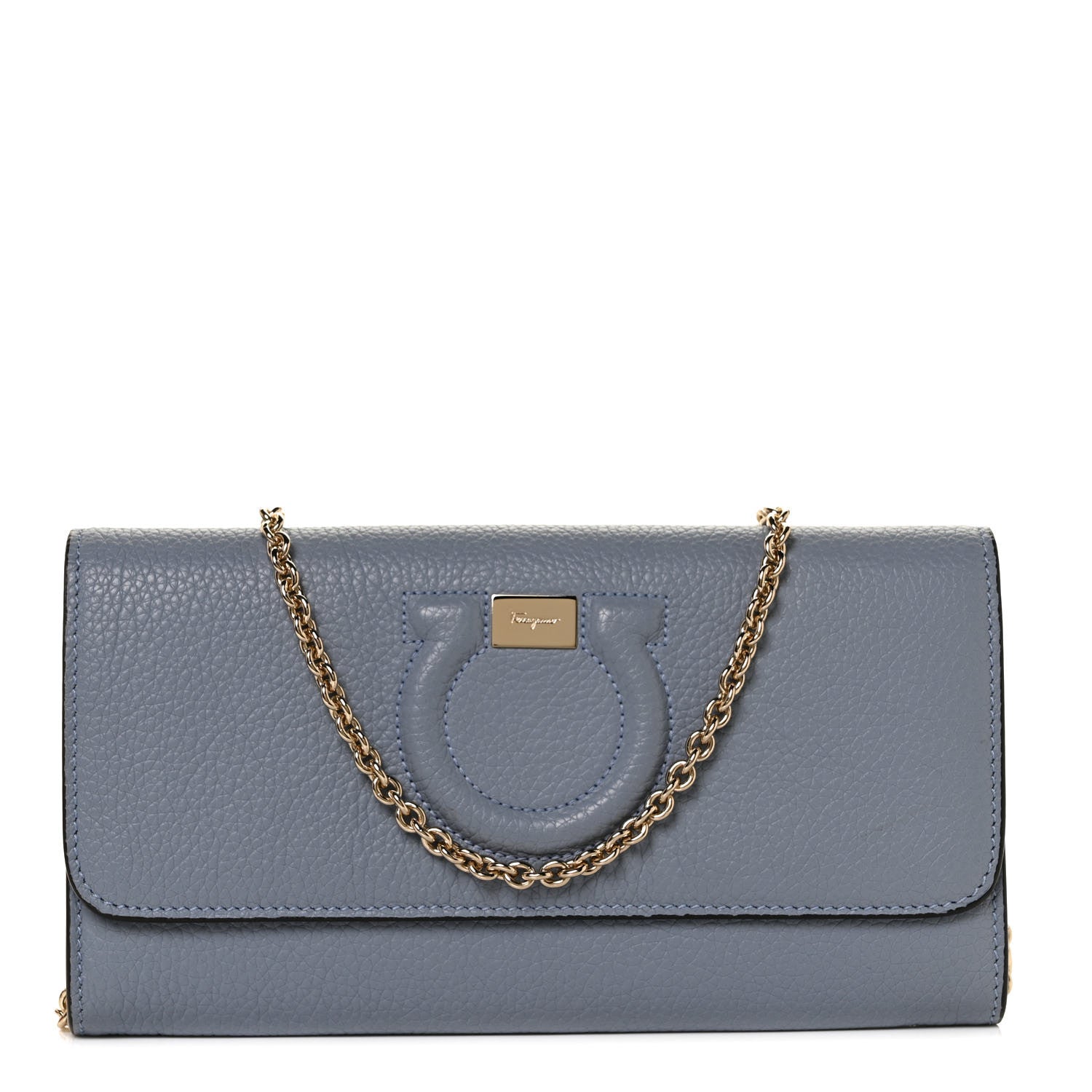 Salvatore Ferragamo Grained Calfskin City Wallet On Chain Stormy Sky 1 of 8