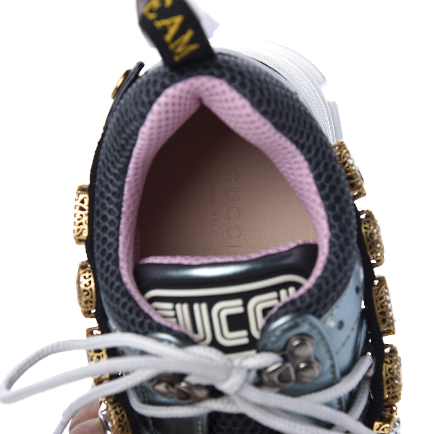 Gucci X SEGA Metallic Calfskin Removable Crystals Womens Flashtrek Sneakers 37.5 Lago Loess Silver 6 of 8