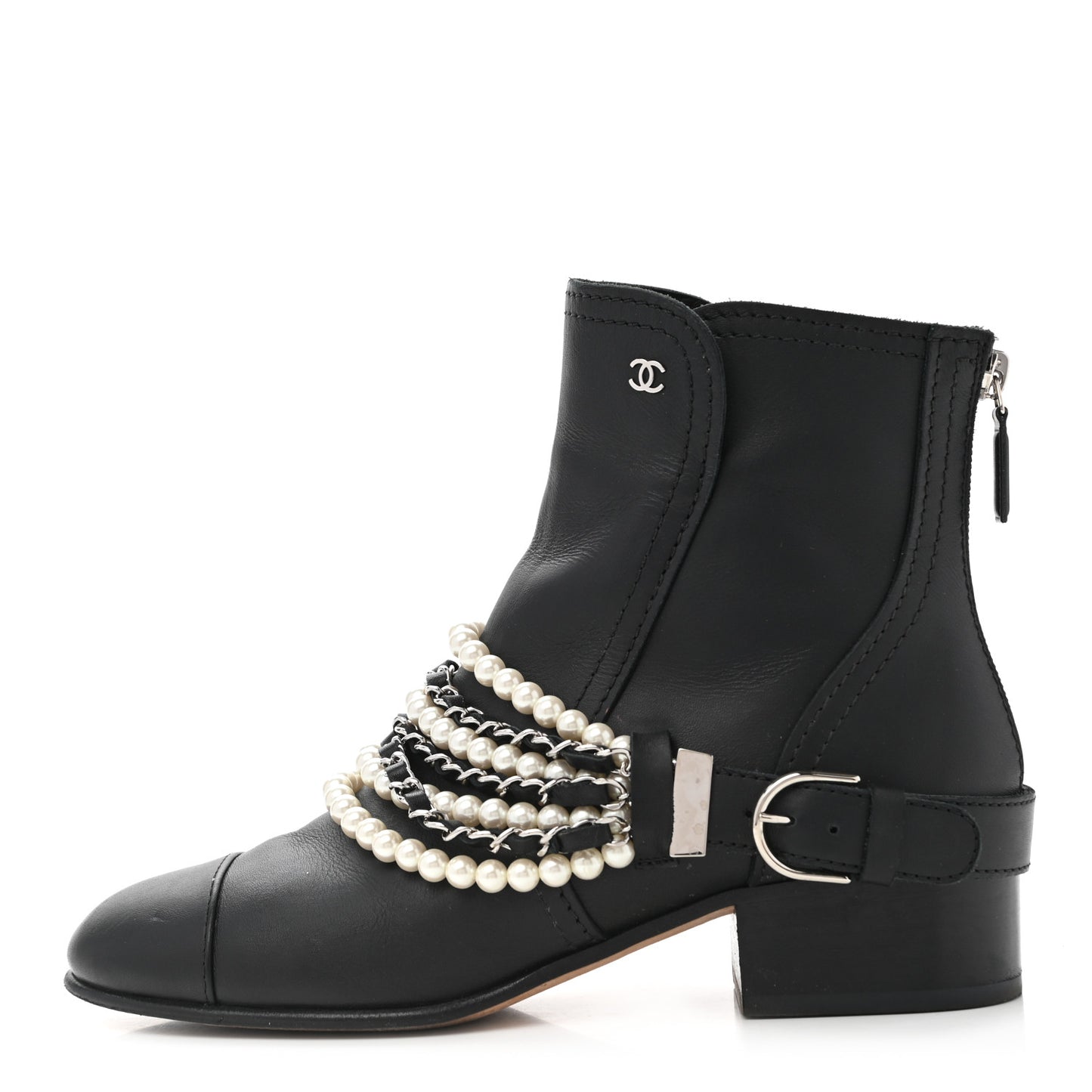 Calfskin Pearl Cap Toe Short Boots 37 Black