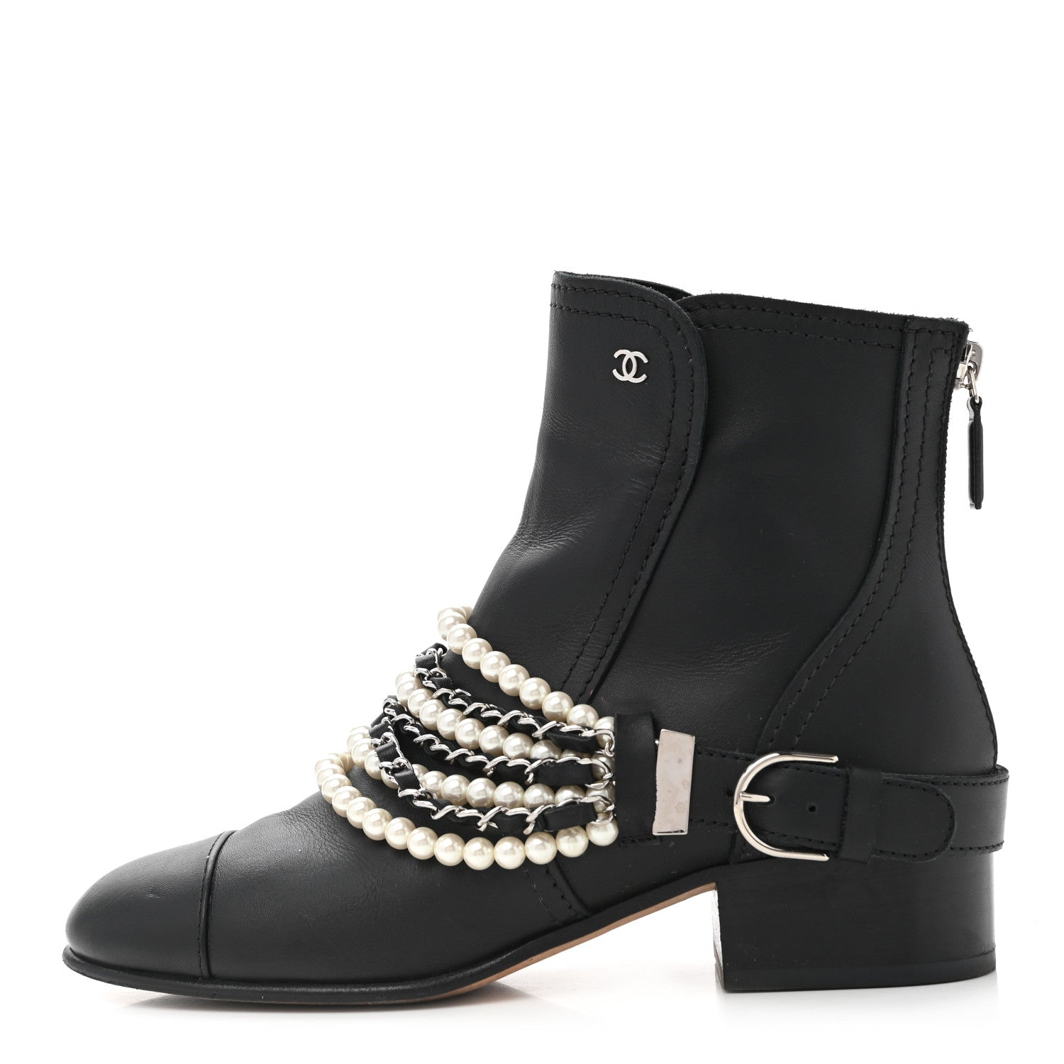 Chanel Calfskin Pearl Cap Toe Short Boots 37 Black 1 of 15