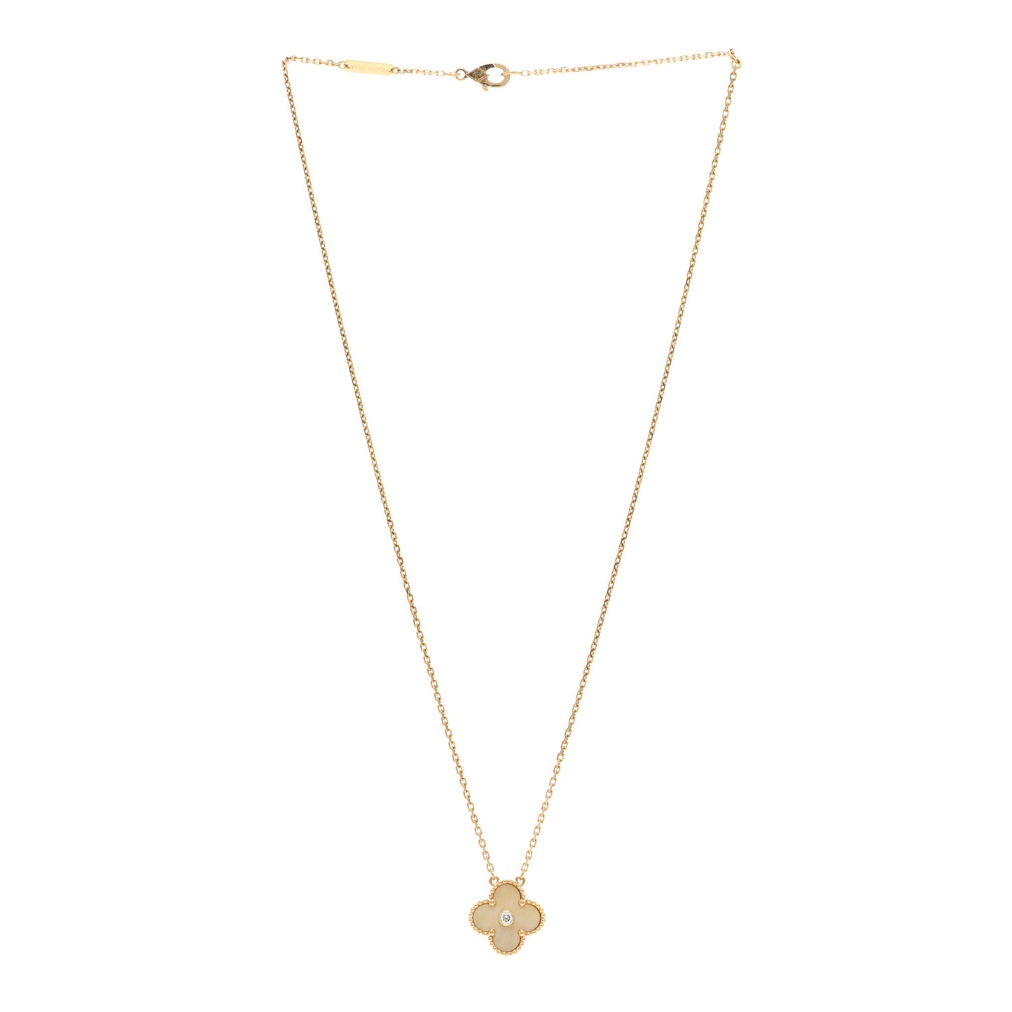 18K Yellow Gold Diamond Yellow Mother of Pearl Vintage Alhambra Pendant Necklace