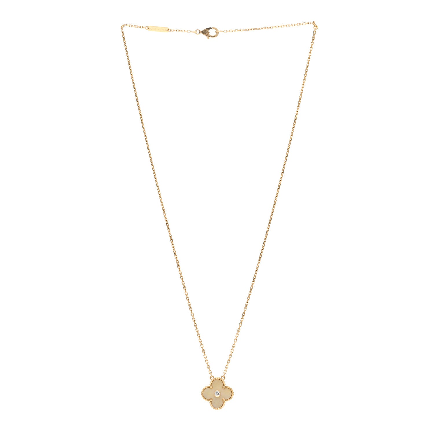 Van Cleef & Arpels 18K Yellow Gold Diamond Yellow Mother of Pearl Vintage Alhambra Pendant Necklace 3 of 5