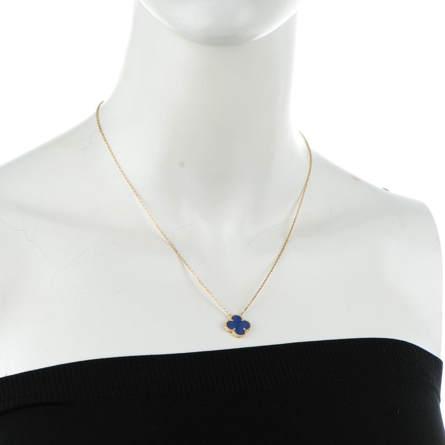 18K Yellow Gold Blue Sevres Porcelain Vintage Alhambra Pendant Necklace