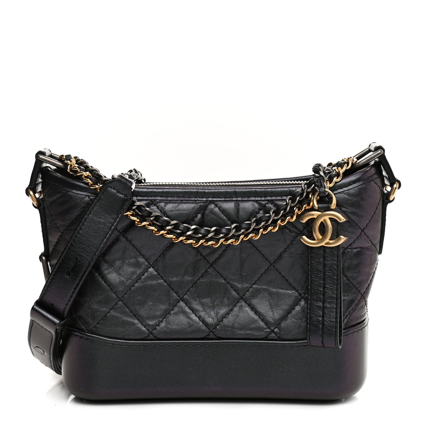 Iridescent Aged Calfskin Quilted Small Gabrielle Hobo Black