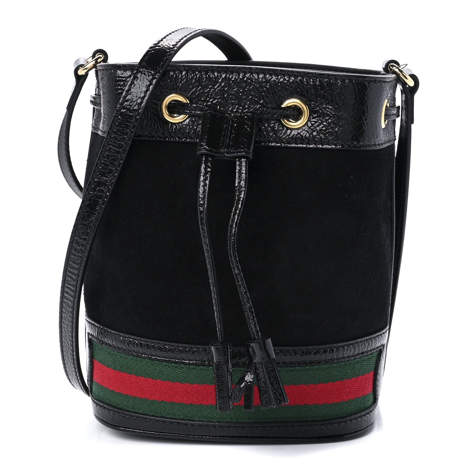 Gucci Suede Patent Web Mini Ophidia Bucket Bag Black 1 of 13