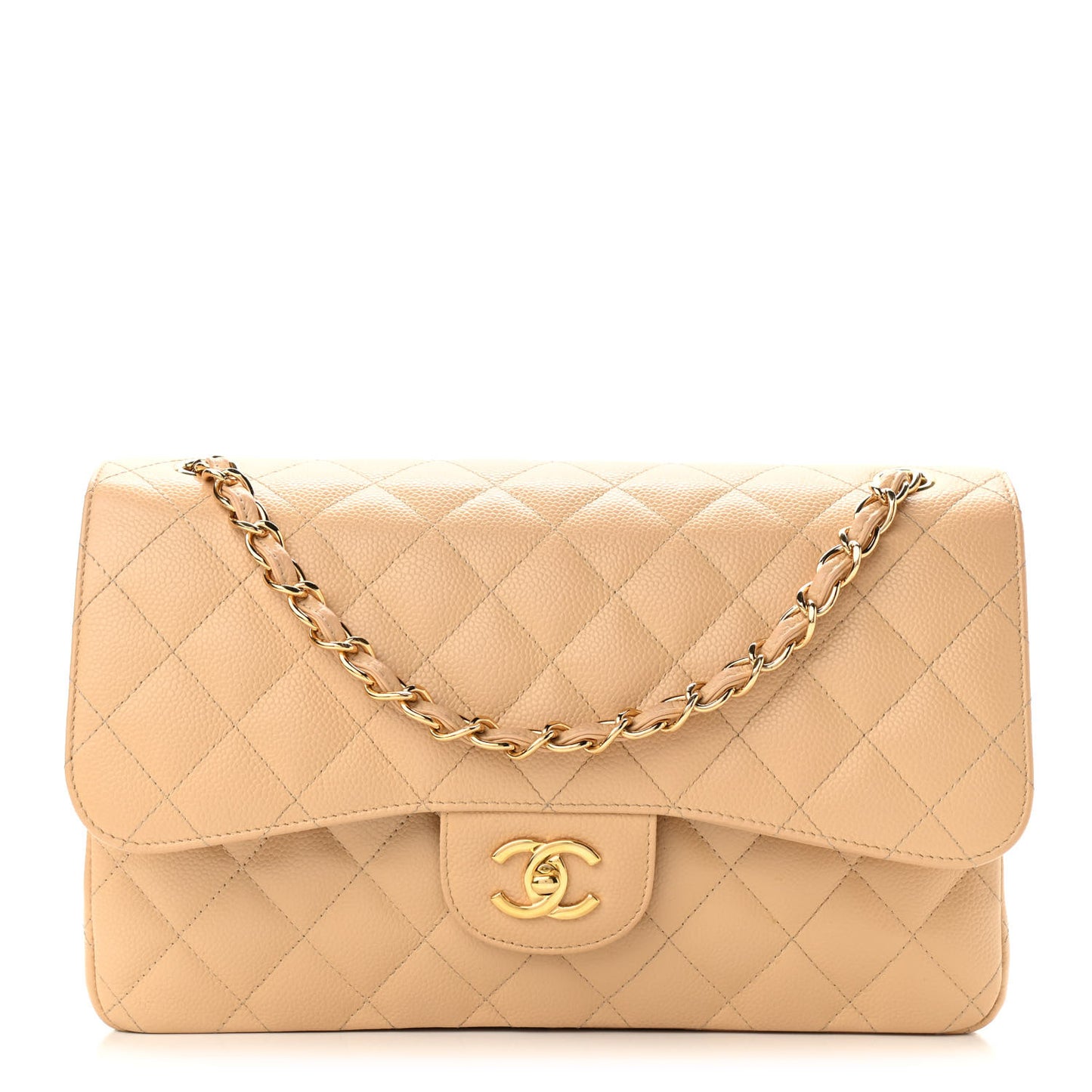 Caviar Quilted Jumbo Double Flap Beige Clair