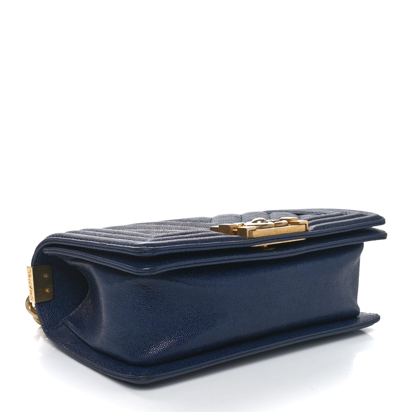 Caviar Chevron Quilted Small Boy Flap Navy Blue