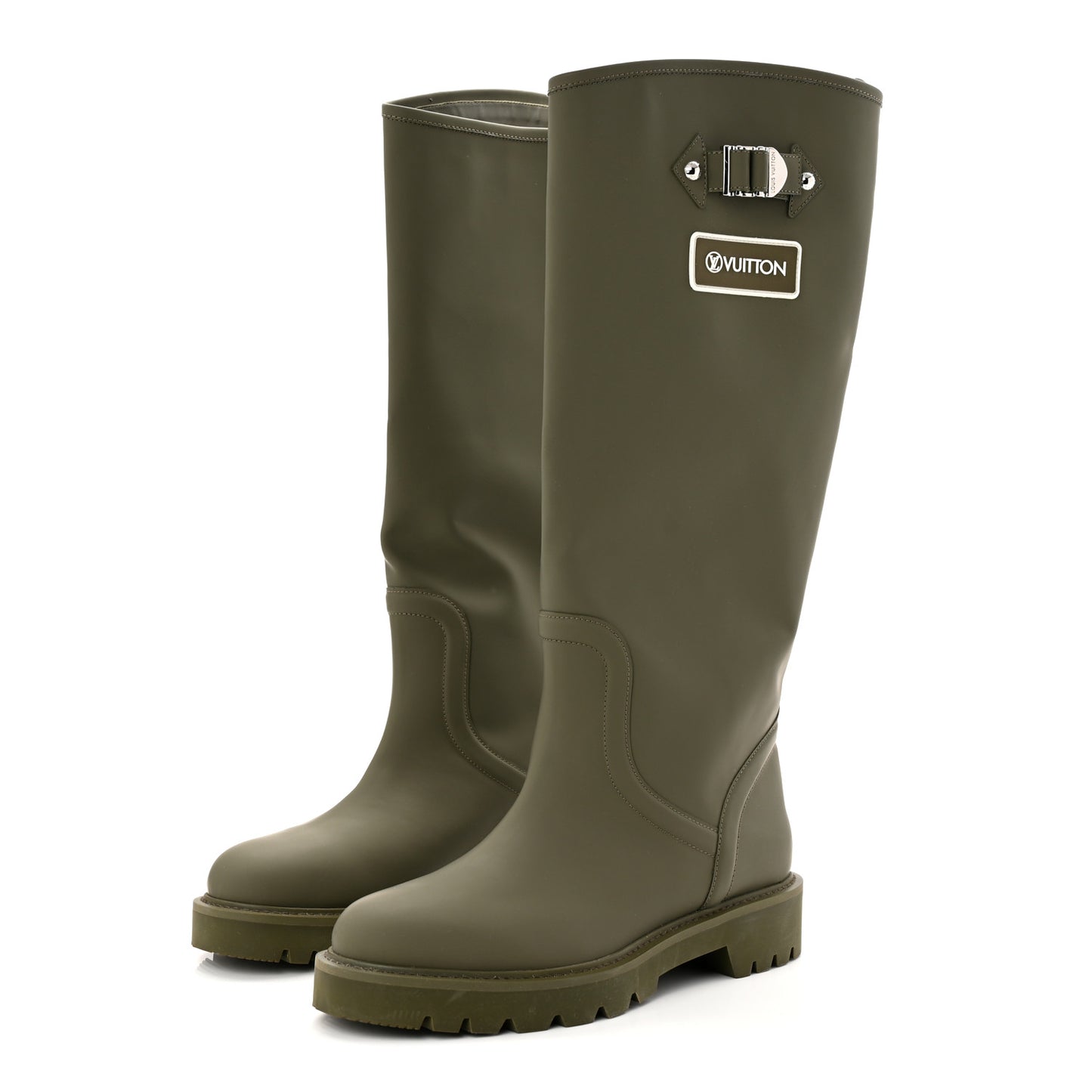 Rubber Calfskin Territory Flat High Boots 41 Khaki