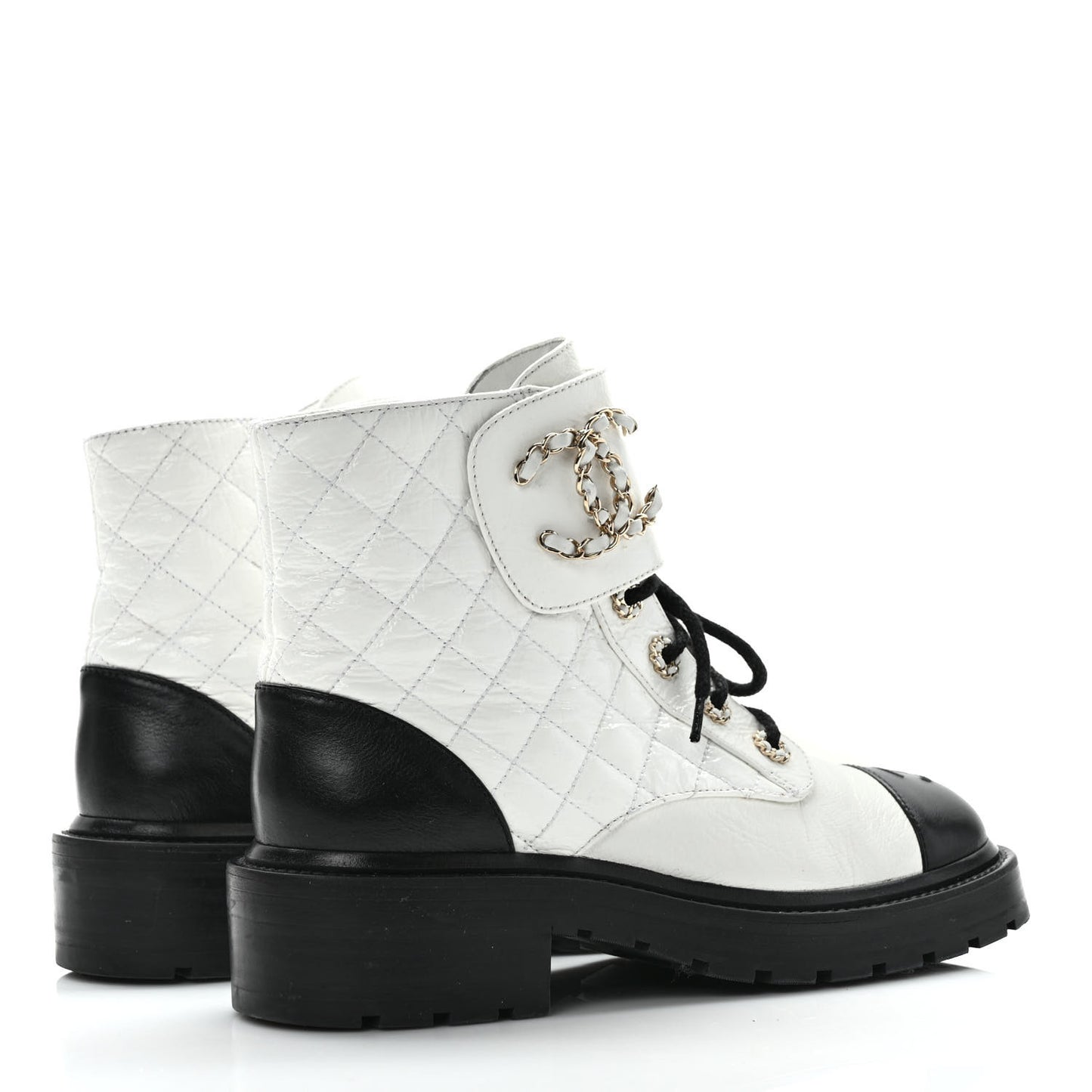 Shiny Lambskin Quilted Lace Up Combat Boots 37.5 White Black