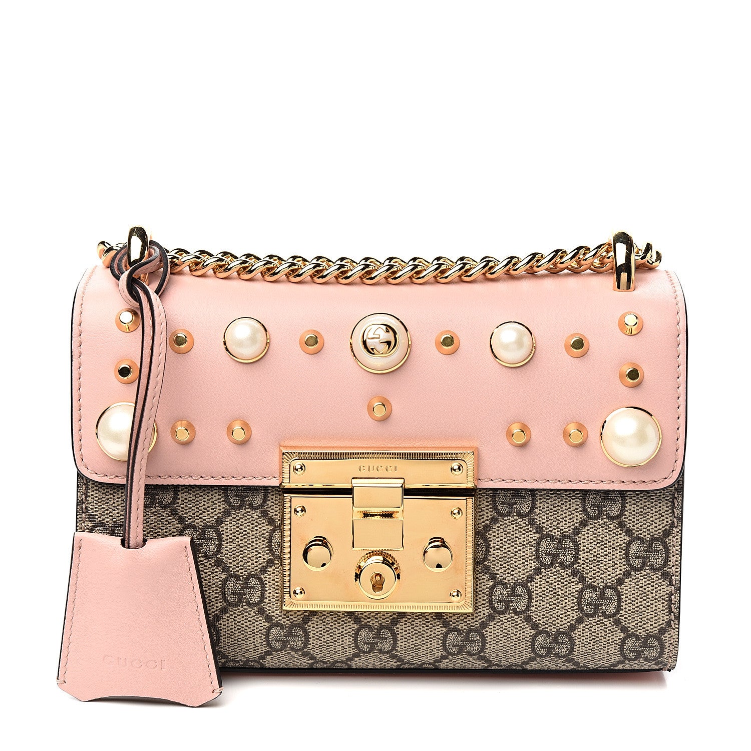 Gucci GG Supreme Monogram Calfskin Studded Small Padlock Shoulder Bag Beige Perfect Pink 1 of 10