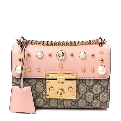Gucci GG Supreme Monogram Calfskin Studded Small Padlock Shoulder Bag Beige Perfect Pink 1 of 10