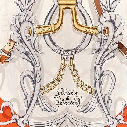 Hermes Silk Brides Et Destin Scarf 90 Orange Cuite Beige 2 of 3