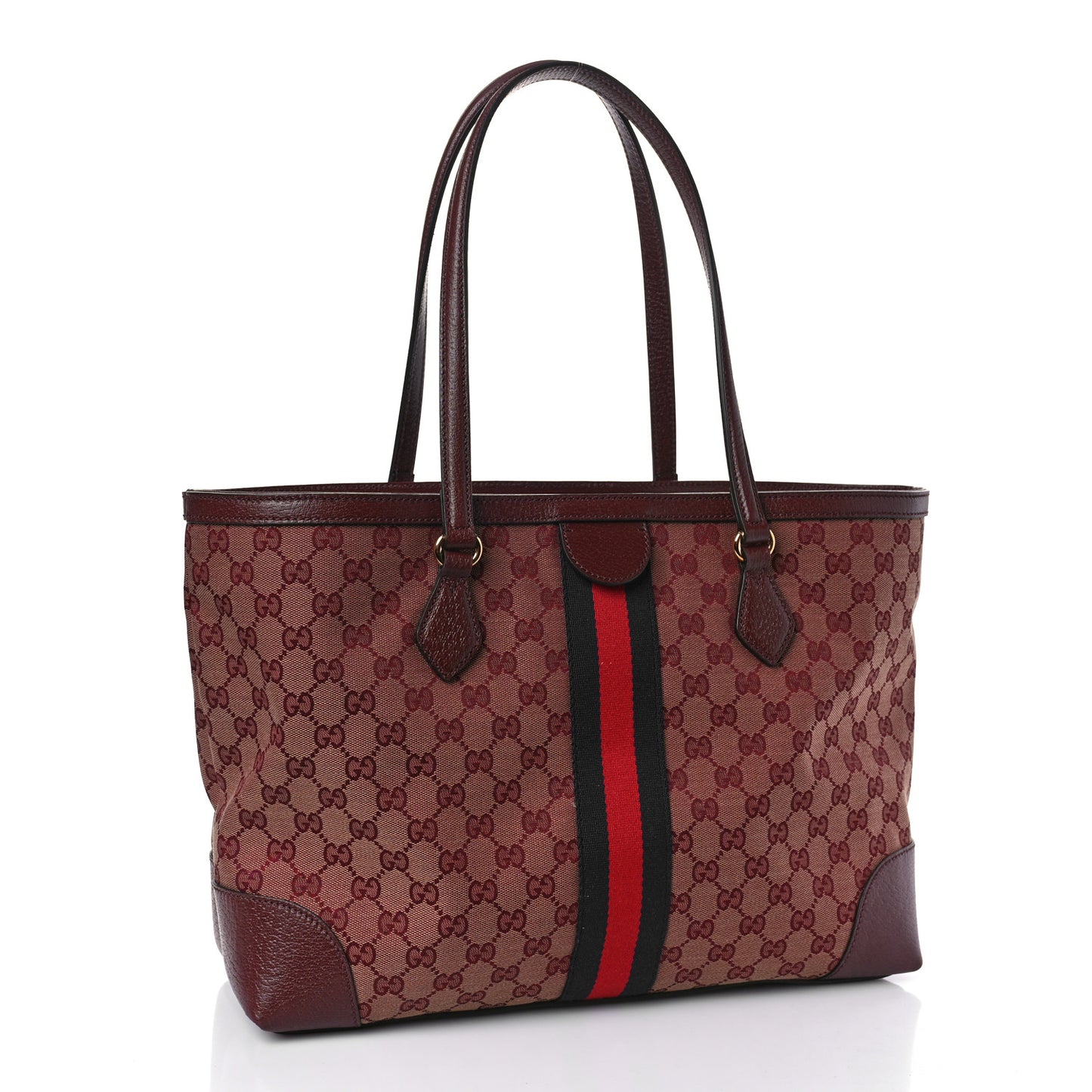 Monogram Textured Dollar Calfskin Web Medium Ophidia Shopping Tote Sahara Rubino Chardonnay