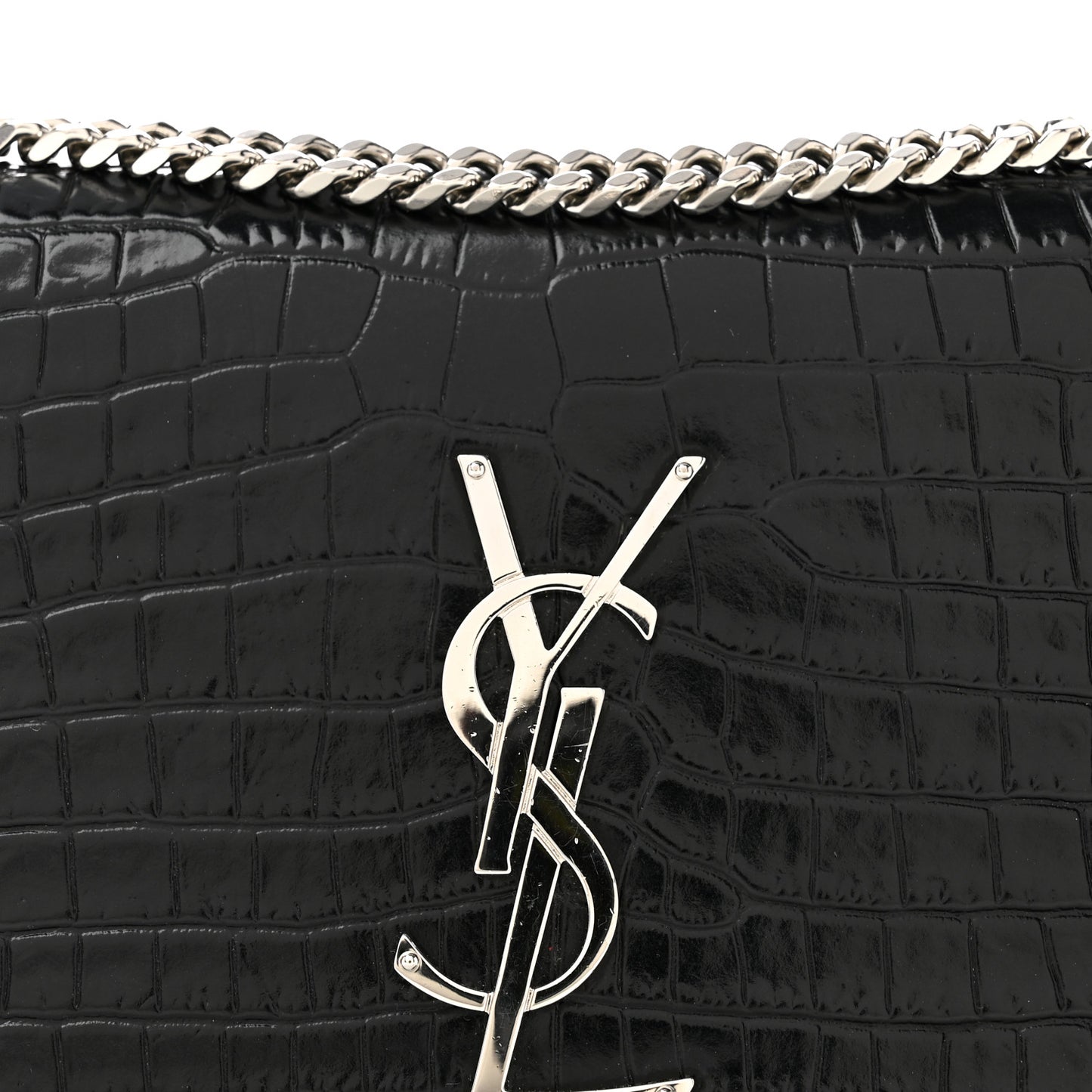 Calfskin Crocodile Embossed Small Classic Monogram Kate Tassel Satchel Black