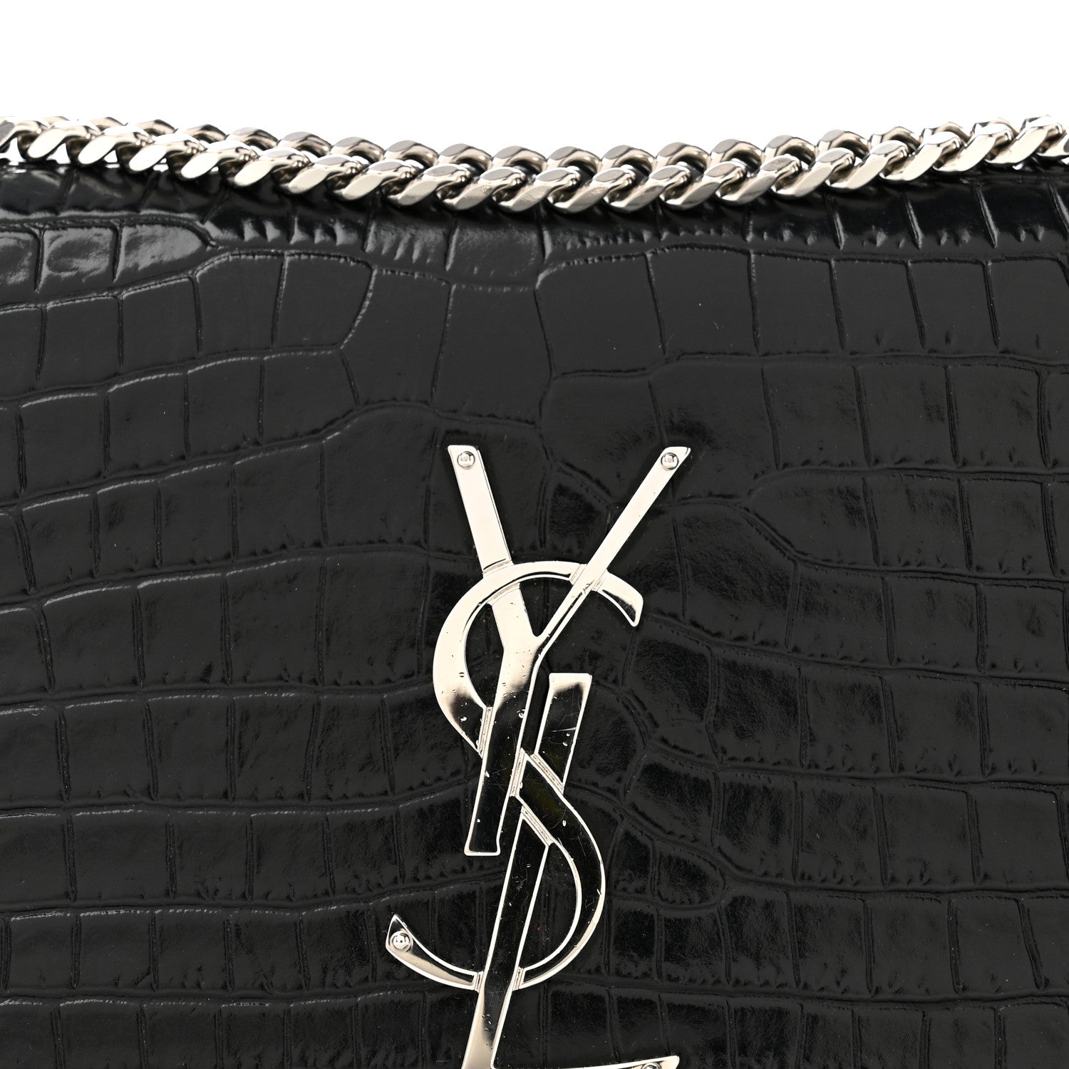 Saint Laurent Calfskin Crocodile Embossed Small Classic Monogram Kate Tassel Satchel Black 11 of 13