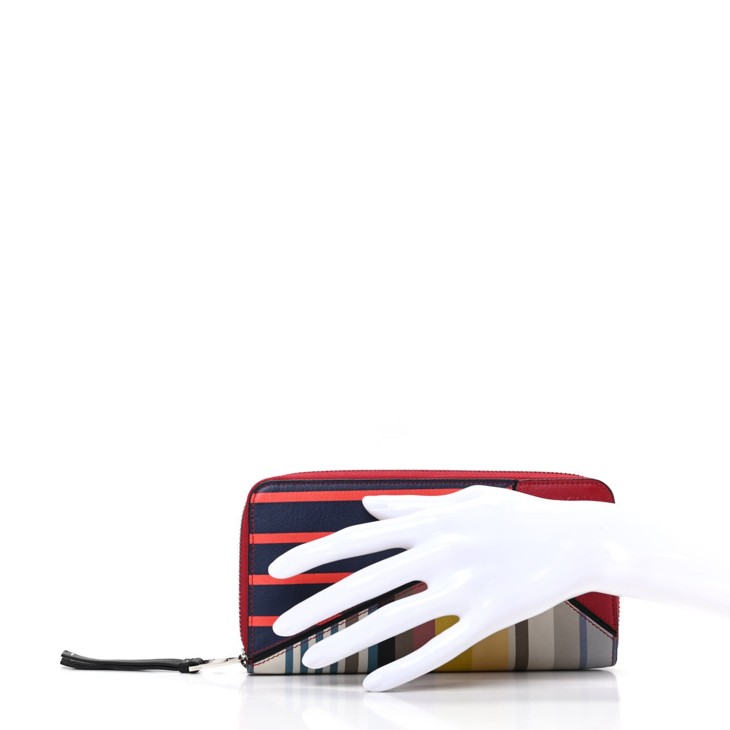 Calfskin Puzzle Striped Colorblock Zip Around Wallet Red Tan