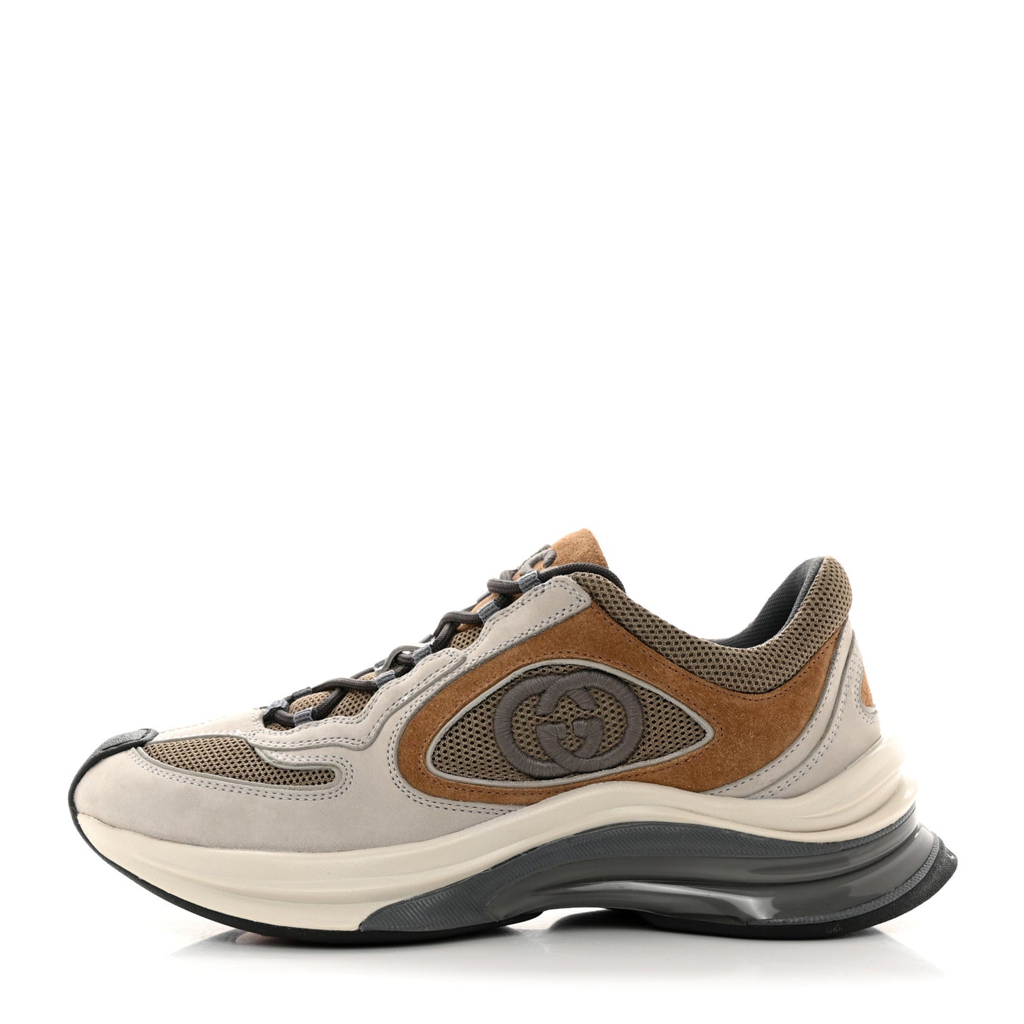 Technical Knit Fabric Suede Calfskin Mens Gucci Run Sneakers 37 Light Grey Brown